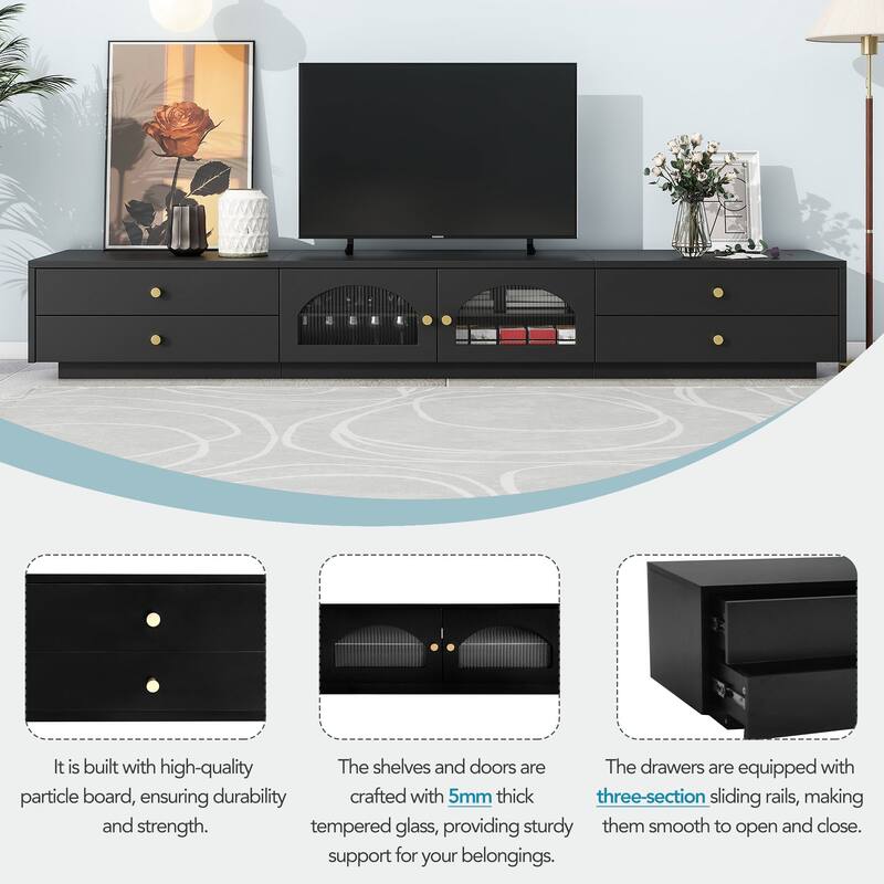 Elegant Media Console with Fluted Glass Doors, Ample Storage, & Metal Handles, 87" Wide