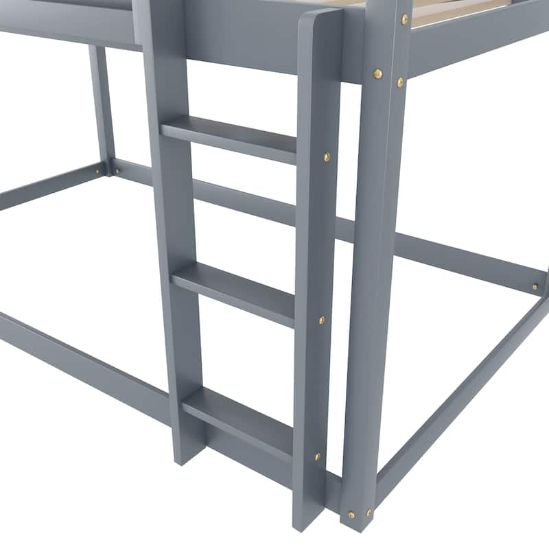 Low Twin Over Twin Bunk Bed, Floor Bunk Bed with Ladder, Solid Wood Twin Bunk Bed for Kids & Juniors