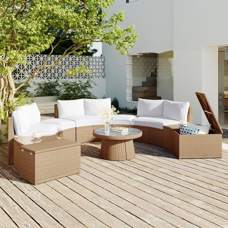 10-Pieces Half Round Patio Sofa Set with 1 Foffee Table - White