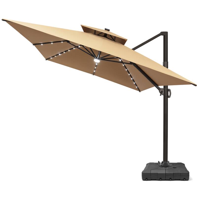 10 X 13 FT Outdoor Patio Cantilever Umbrella with Solar Lights Wheeled Base Double Canopy 360 Rotation Tilt