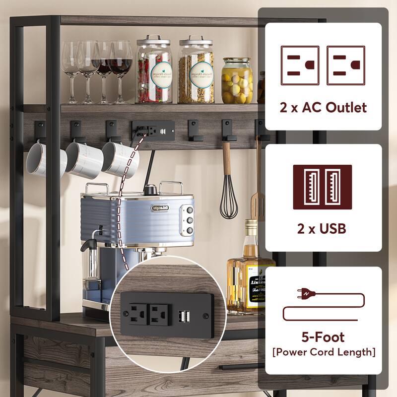 5-Tier Kitchen Bakers Rack with 4 Power & USB Outlets, Microwave Stand with Drawers and Shelves