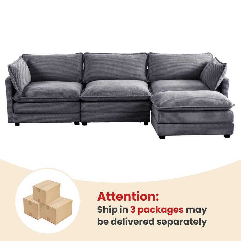 3-Seat Corduroy Modular Sofa with an Independent Removable Ottoman for Living Room or Business