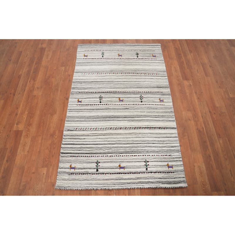 Hand Knotted Oriental 100% Wool Carpet Tribal Animal Pictorial Beige & Ivories Gabbeh Area Rug - 4' 11'' X 3' 0''