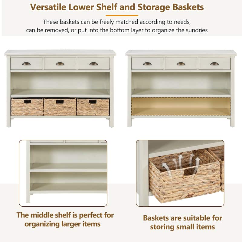 Sideboard Storage Cabinet with 3 Drawers & Water Hyacinth Woven Baskets, Wood Console Table for Living Room Hallway Entryway