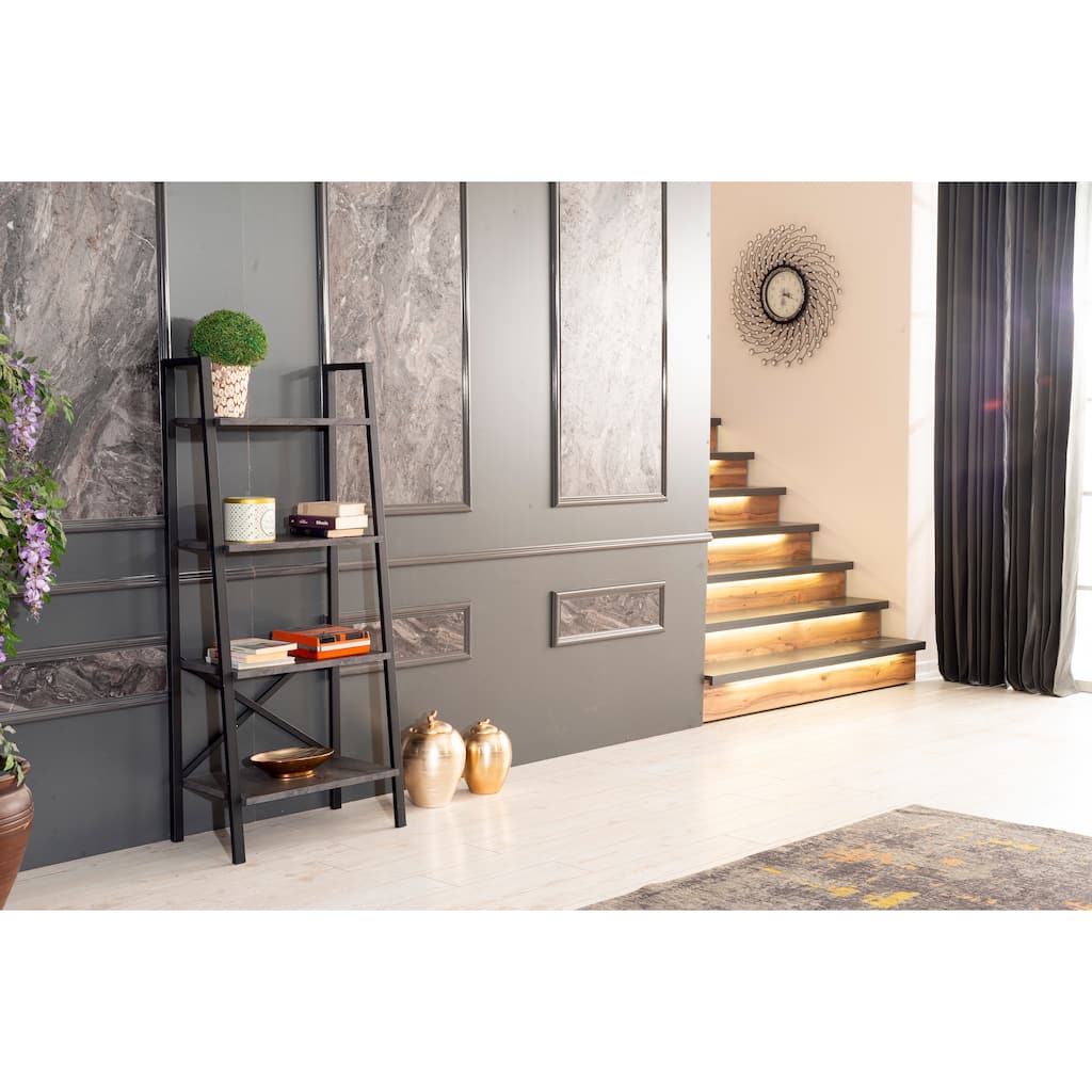 Leon 5 Tier Modern Ladder Bookshelf Organizers, Metal Frame Bookshelf