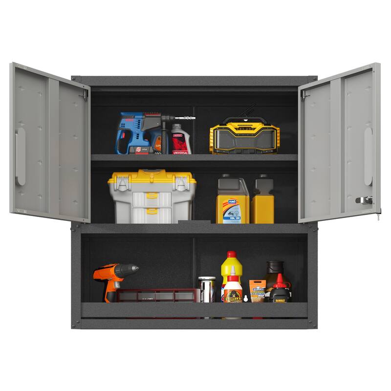 Grey Metal Wall Mounted Storage Cabinet with Locking Doors and Drawer for Home Office Garage - 29.5"W x 30.3"H x 11.8"D