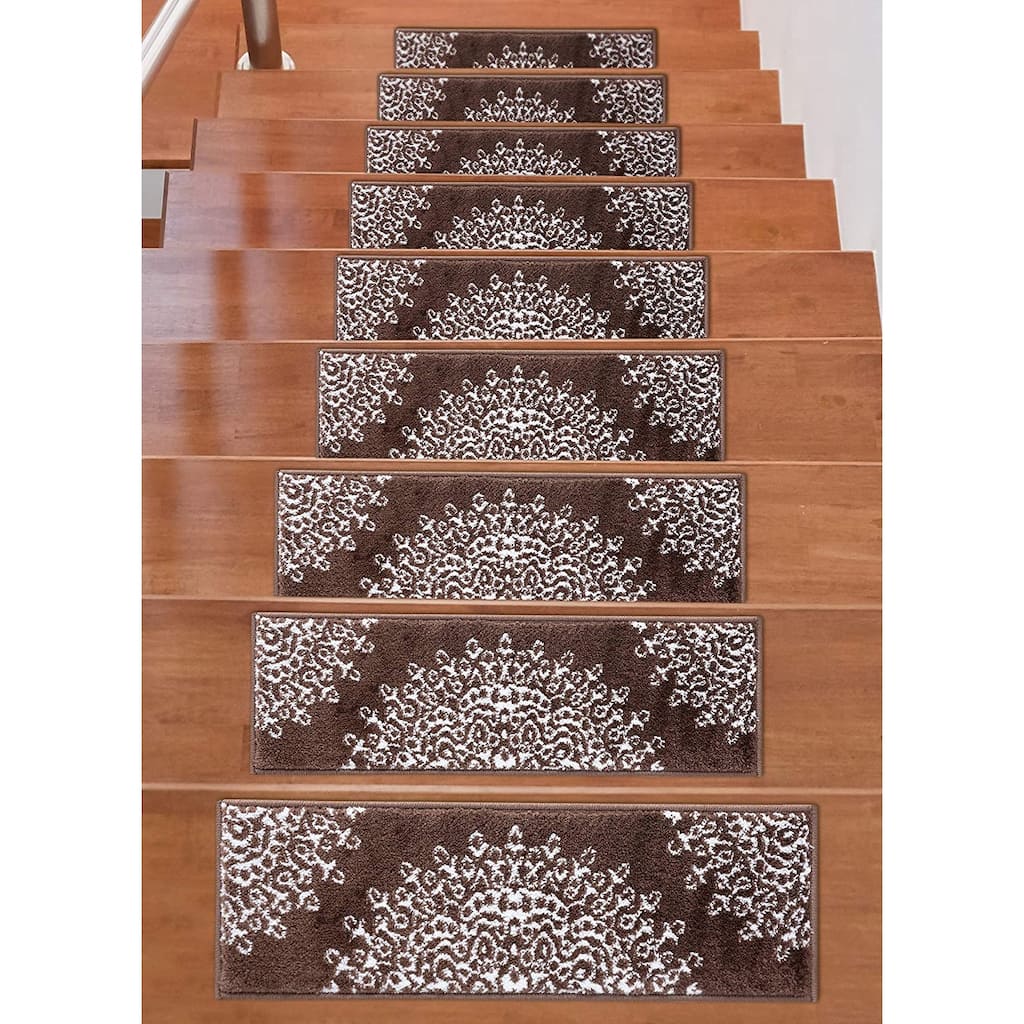 Beverly Rug Indoor Non Slip Carpet Stair Treads w/ Installed Tape 9"x28" Medallion Brown / Ivory