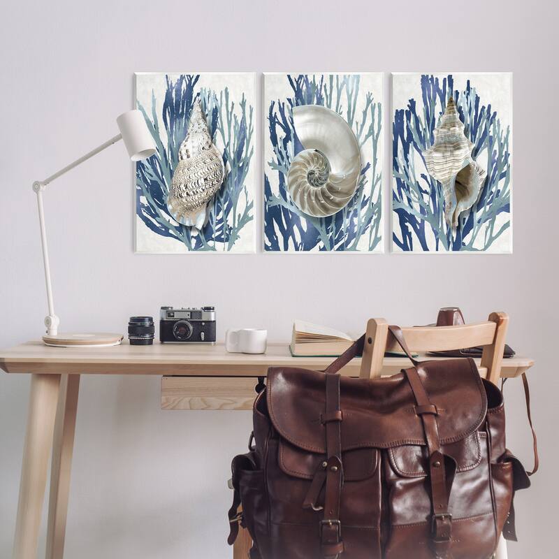 Stupell Shell Coral Blue Beach, 3pc Multi Piece Wood Wall Art Set