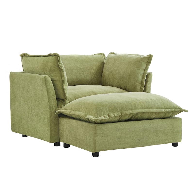 Chenille Single Sofa Chair with Ottoman, Modern Oversized Accent Chair for Reading, Living Room Curved Armrests Chairs
