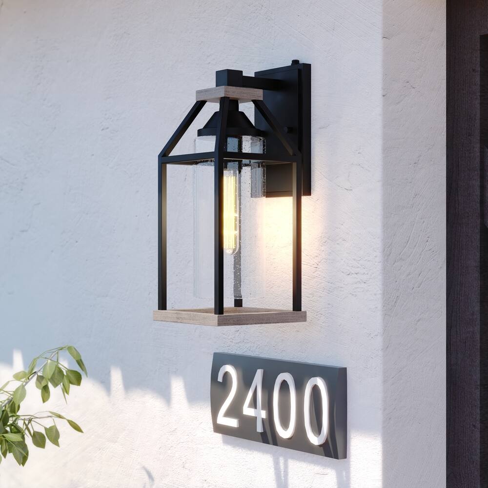 VAXCEL Napier 1-Light Forged Black and Rustic Elm Dusk to Dawn Sensor Outdoor Wall Sconce, Steel, Clear Seeded Glass Shade