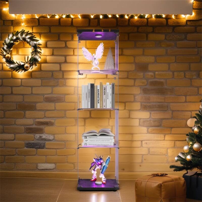 64" Lighted Glass Display Cabinet with One Door, 4 Shelves Tempered Glass Showcase Storage