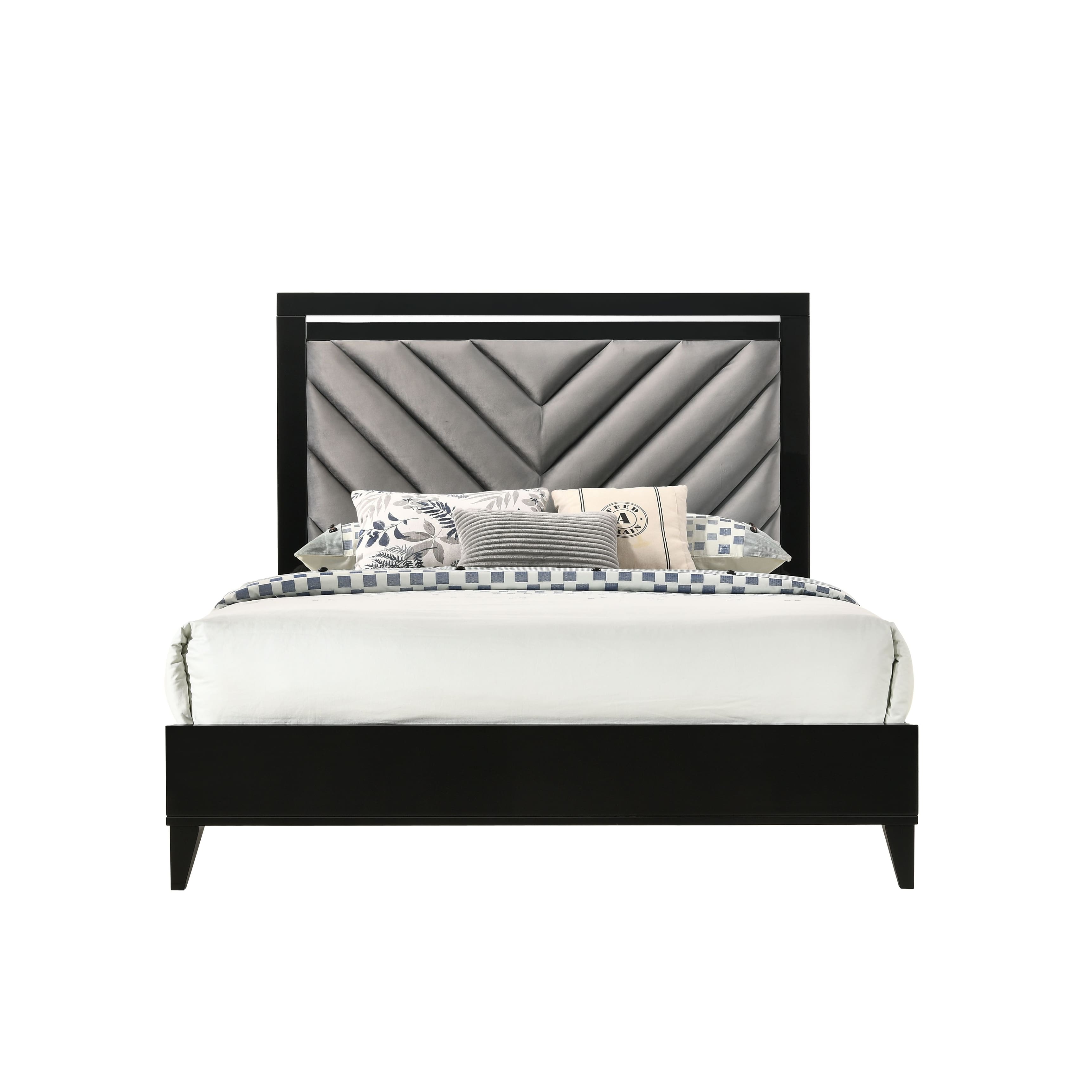 Gray Fabric & Black Finish Queen Bed Contemporary Style, Channel