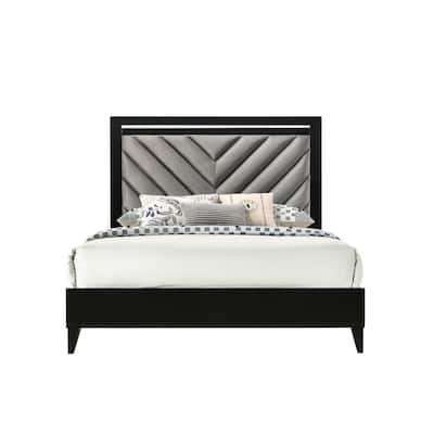 Gray Fabric & Black Finish Queen Bed - Contemporary Style, Channel-Tufted Headboard, Silver Trim, Box Spring Required