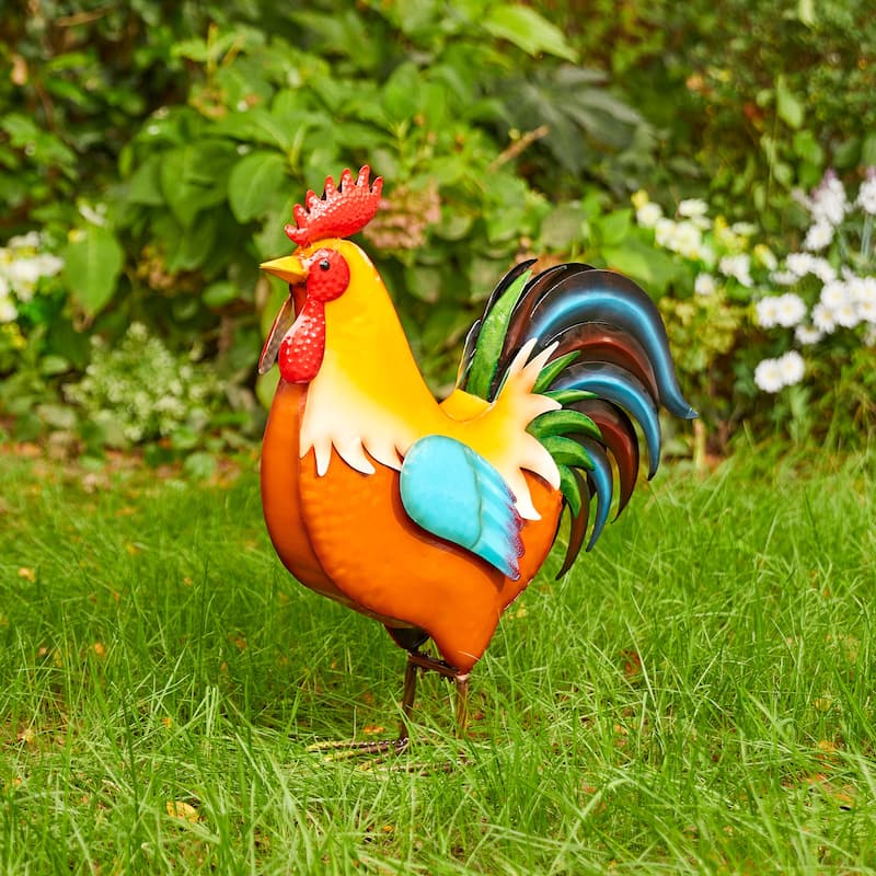 21"H Metal 3D Vibrant Standing Rooster Garden Statue by Glitzhome - Rooster