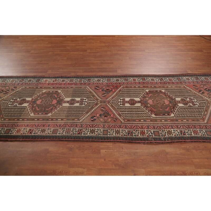 Pink Ardebil Persian Vintage Runner Rug Hand-knotted Wool Carpet - 3'6" x 10'2"