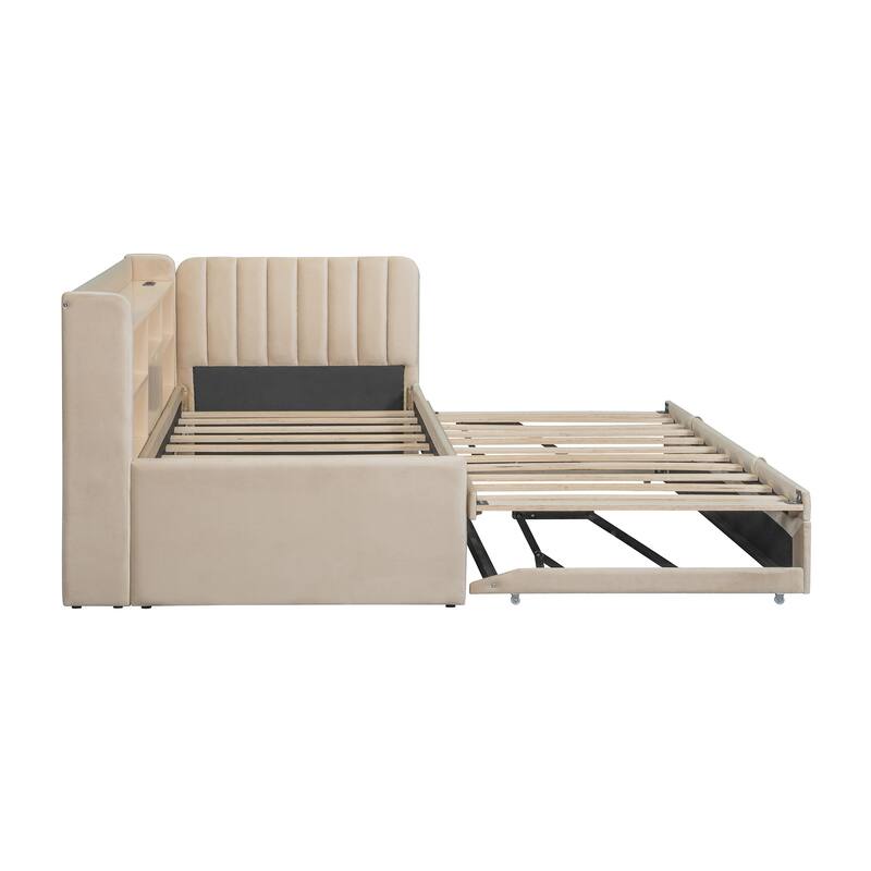 Upholstered Daybed with Trundle,Ample Storage Shelves,and Integrated Charging Station