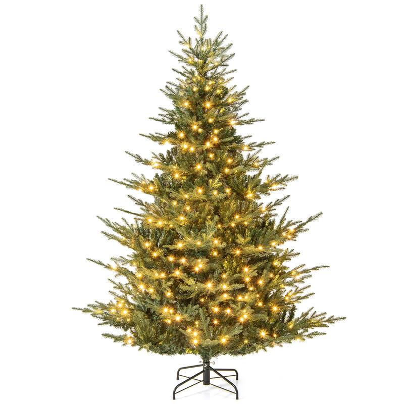 Gymax Pre-Lit Artificial Christmas Tree Hinged Xmas Tree w/ PVC & PE - 7 Foot