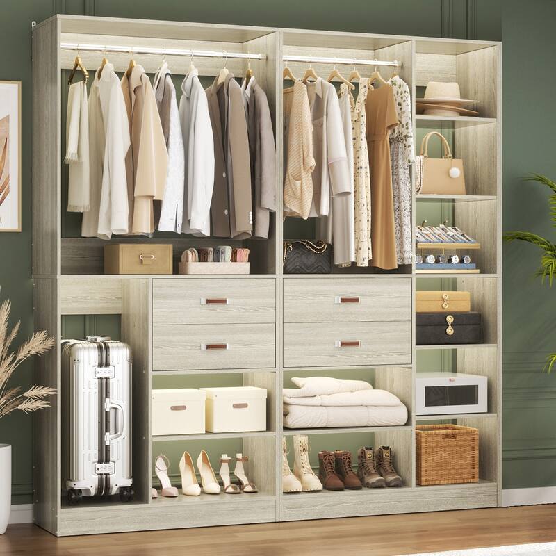 Vryon 110'' Set of 3 Freestanding Corner Closet System, Reversible Closet Organizer with Drawers and Hanging Rods - 79'' - Washed Oak