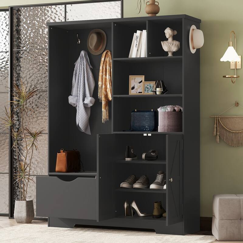 Multi-functional Hall Tree with Storage Shelves Drawers and Cabinet, Hallway Shoe Cabinet with Bench, Coat Rack with Hooks