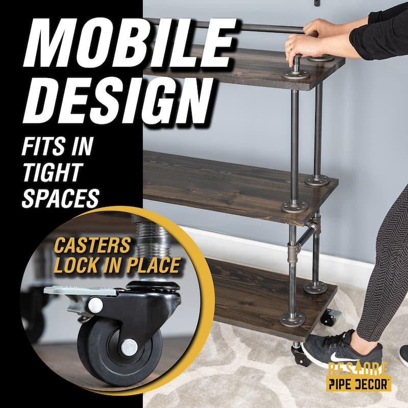 Restore by PIPE DECOR Industrial 3 Tier Solid Wood & Steel Pipe Bar Cart with Wheels