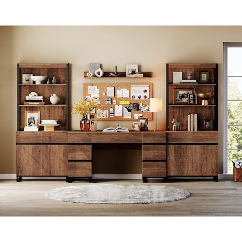 WAMPAT 59in Modern Executive Desk with Charging Station & Drawers and 2 PCS 72in Tall Bookcases with Storage Cabinet.