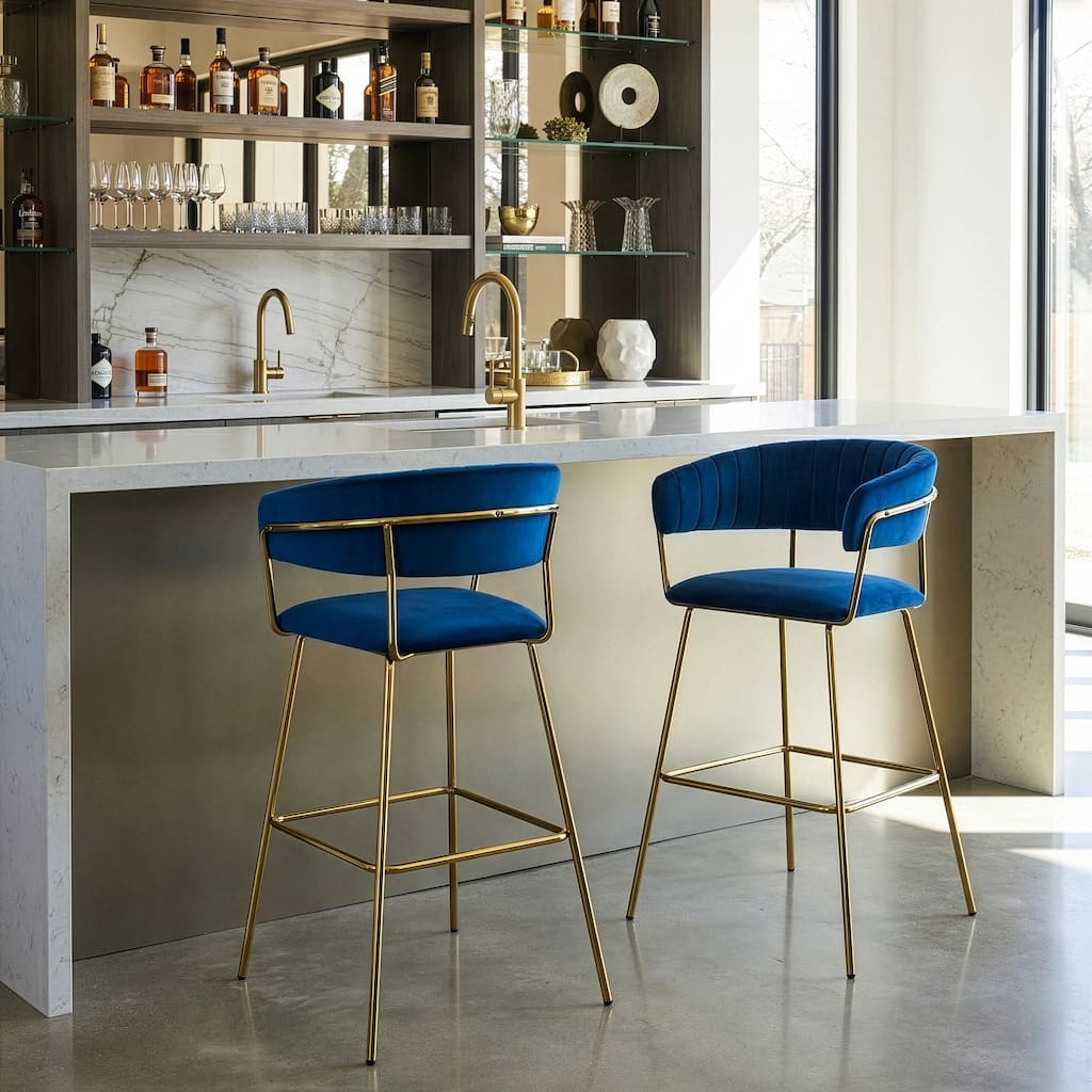 Set of 2 Anya Blue Velvet Barstool with Golden Metal Legs