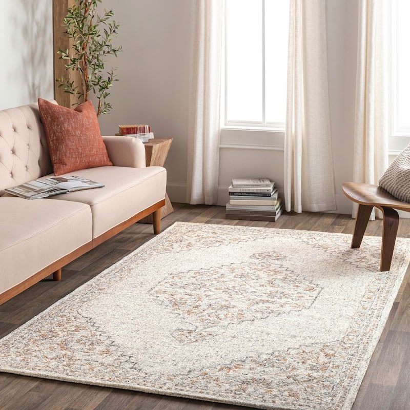 Pihu Handmade Traditional Medallion Wool Blend Area Rug - 2' x 3' - Light Grey/Beige