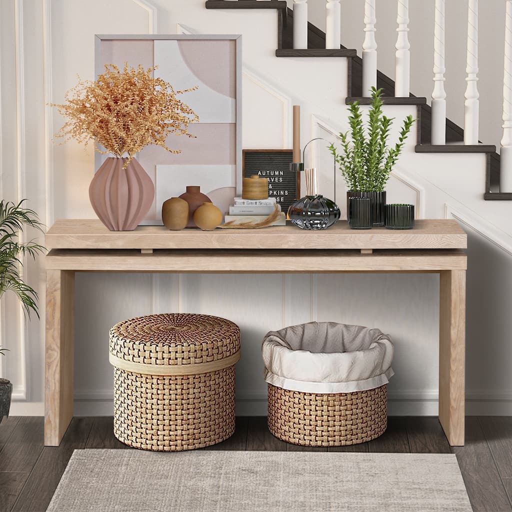 60" Farmhouse Console Table, Wooden Rectangular Entryway Table with Double Board Suspension Design