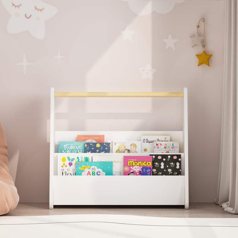 Kids Bookshelf with Wooden Handle, 2-Tier Front-Facing Toddler Bookcase, Portable Children's Book Storage Organizer for Bedroom