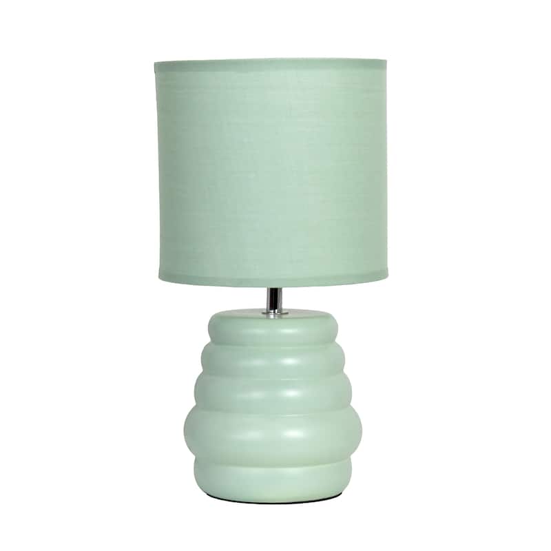 Stacked Ceramic Mini Table Lamp with Fabric Drum Shade Modern Sculptural Accent Lighting Compact Design - Light Green
