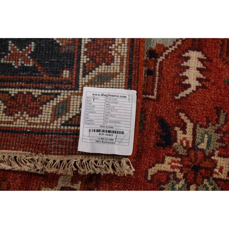 Geometric Heriz Serapi Indian Area Rug Handmade Orange Wool Carpet - 8'11"x 11'9"