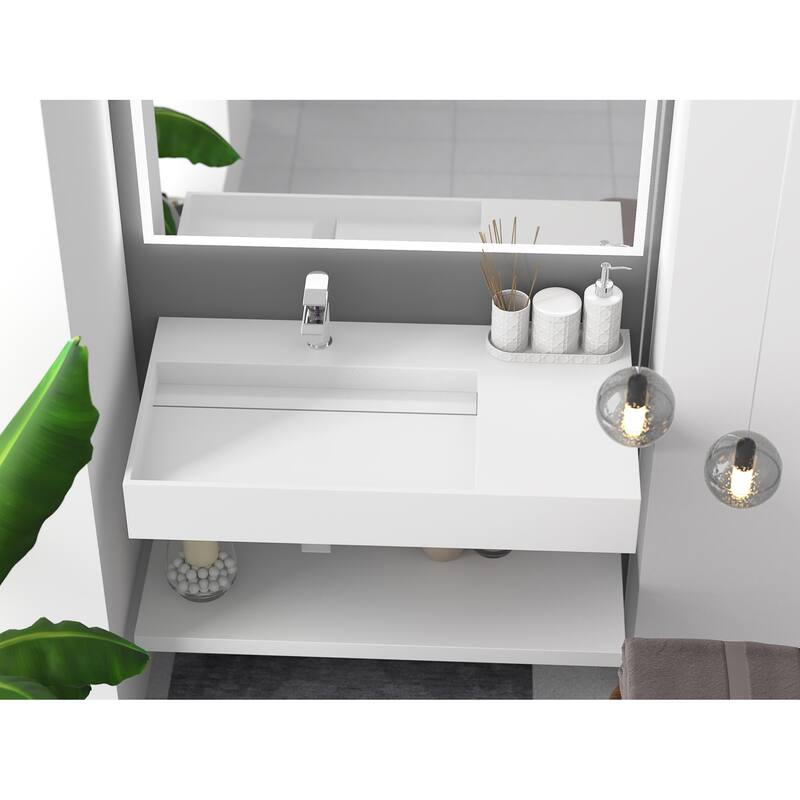 Juniper Stone Solid Surface Wall-mounted Vessel Sink - 36" Left Basin - White