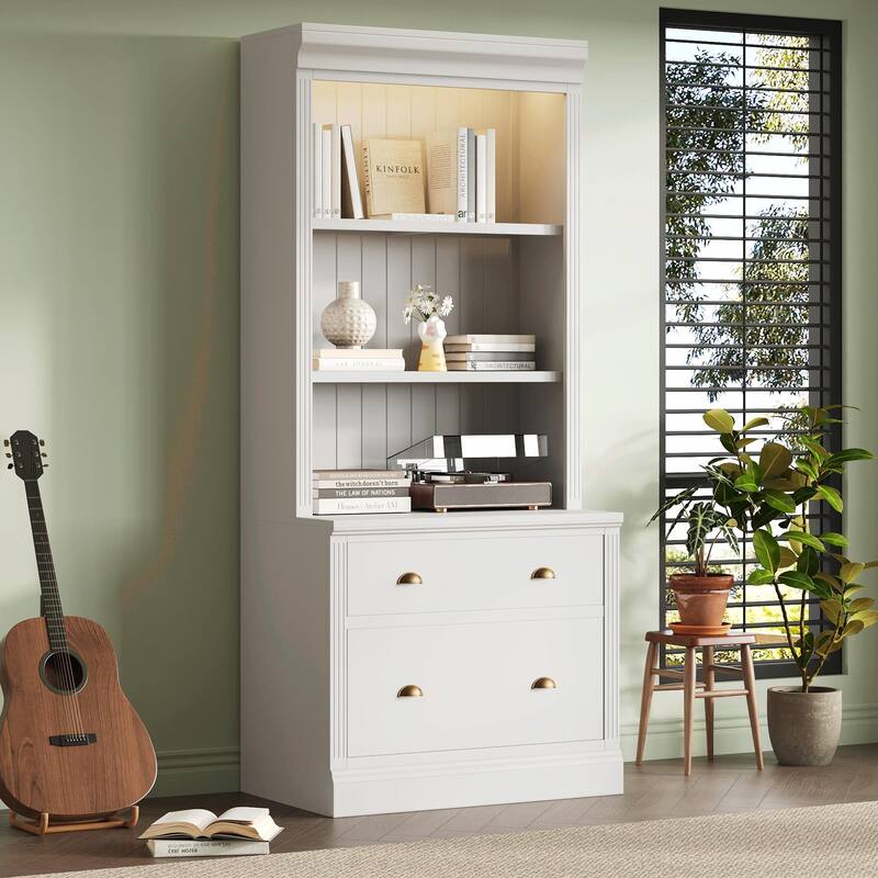 83.4" Tall Bookshelf with LED Lighting, 2 Drawers and 3 Open Shelves - White