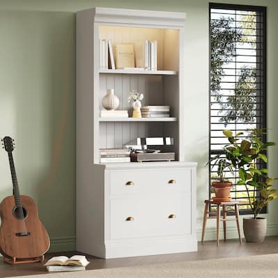 83.4" Tall Bookshelf with LED Lighting, 2 Drawers and 3 Open Shelves