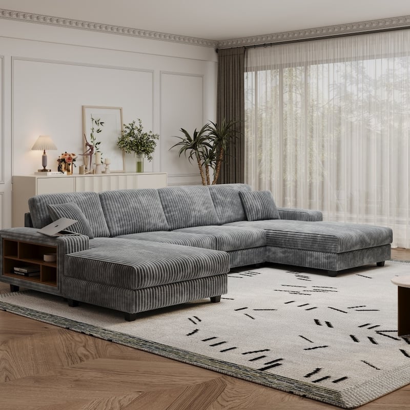 Modern Convertible U-shaped Wood Frame Sectional Sofa with Storage Armrests - Dark Grey