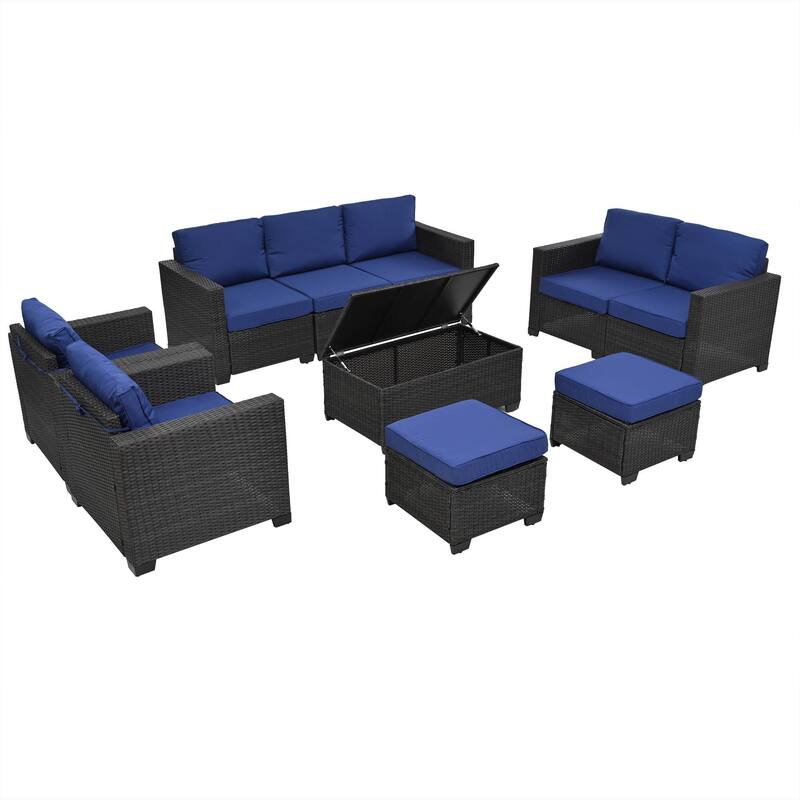 10-Piece Outdoor Rattan Sectional Sofa Set with Storage Table & Cushions