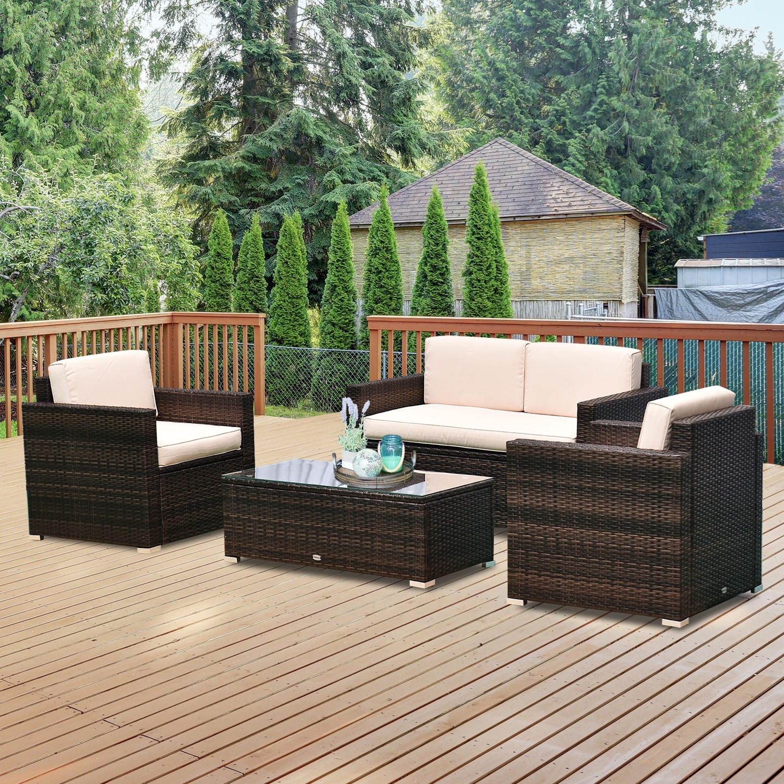 Outsunny 4 Piece Cushioned Patio Furniture Set, With 2 Chairs, Loveseat, And Glass Coffee Table, Rattan Wicker, Brown