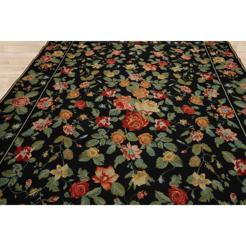9x12 Hand Woven Wool Black Portugese Needlepoint Traditional Area Rug - 9' x 12'