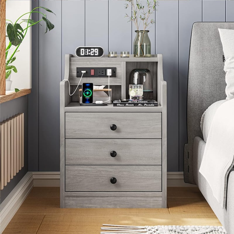 Small Nightstand 3 Drawers Charging Station End Side Table - Grey