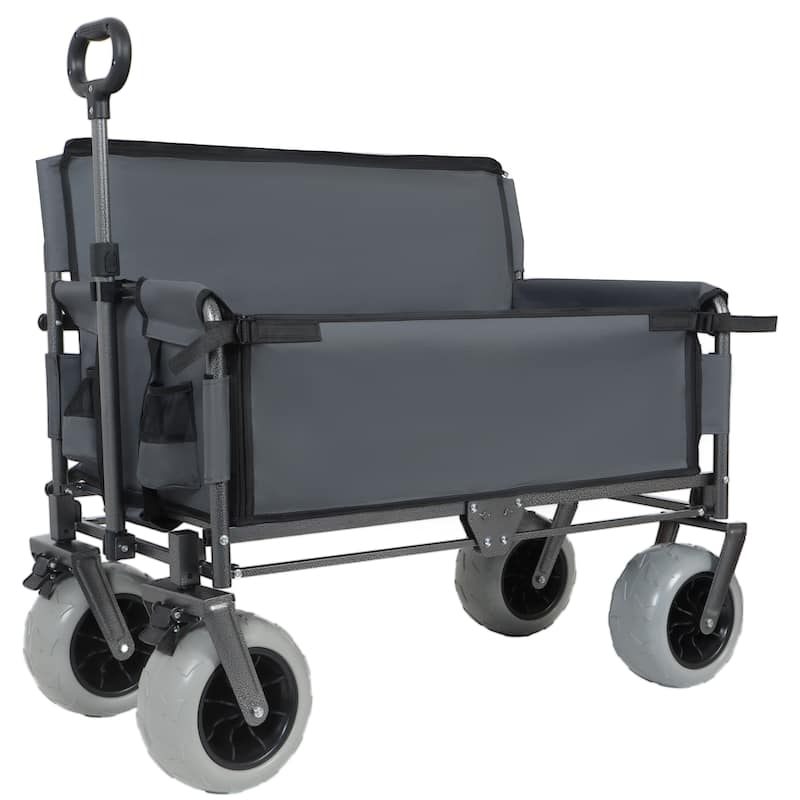 3-in-1 Folding Wagon with Bench Seat - 500lbs Capacity, 9"x4" Beach Tires for Camping & Beach - Grey