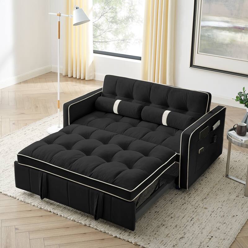 55.5 Inch Pull Out Sofa Bed, Velvet Love Seat Couch, Modern Love Seat Futon With Side Pockets Pull Out Sleep Sofa Bed