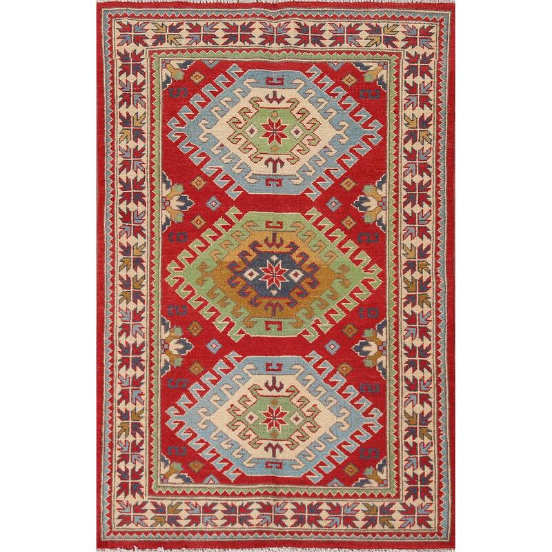 Geometric Red Kazak Oriental Rug Handmade Wool Carpet - 3'3"x 5'1"