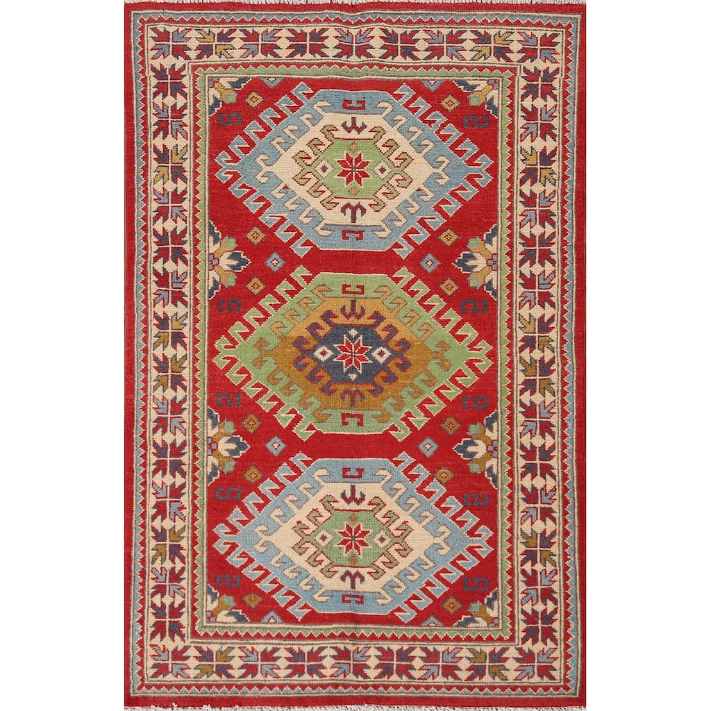 Geometric Red Kazak Oriental Rug Handmade Wool Carpet - 3'3"x 5'1"
