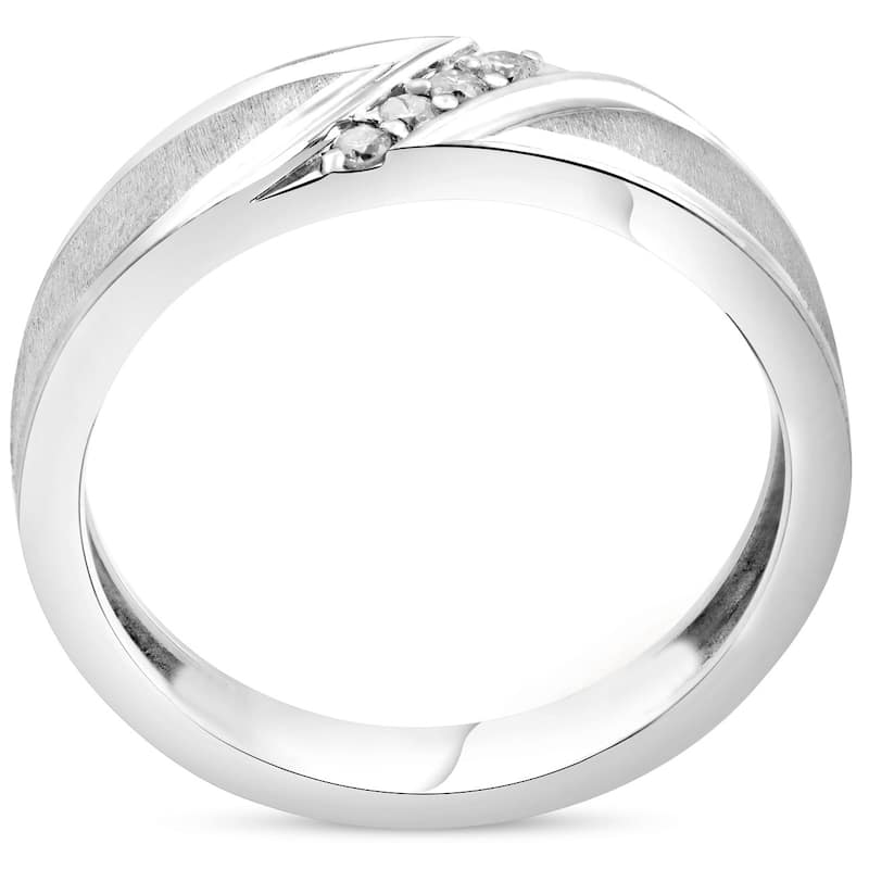 Mens 1/10ct White Gold Diamond Ring Flat Classic Bushed Wedding Anniversary Band