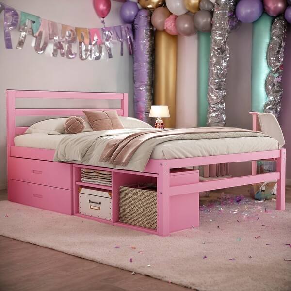 slide 2 of 15, Pink Full Size Wood Platform Bed with Removable Storage Shelves, Built-in 2 Storage Drawers Pink