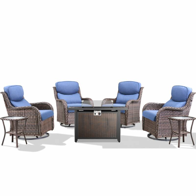 Pocassy Patio Sofa Swivel Chair Set with 43" Fire Pit Table