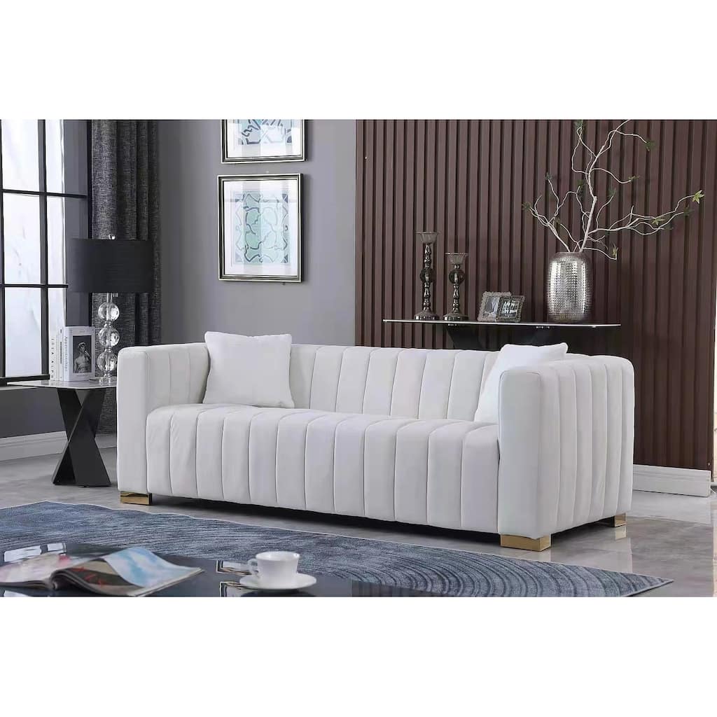 White Chesterfield 87.01" Velvet Channel Tufted 3-seater Sofa with Pillows for Living Room