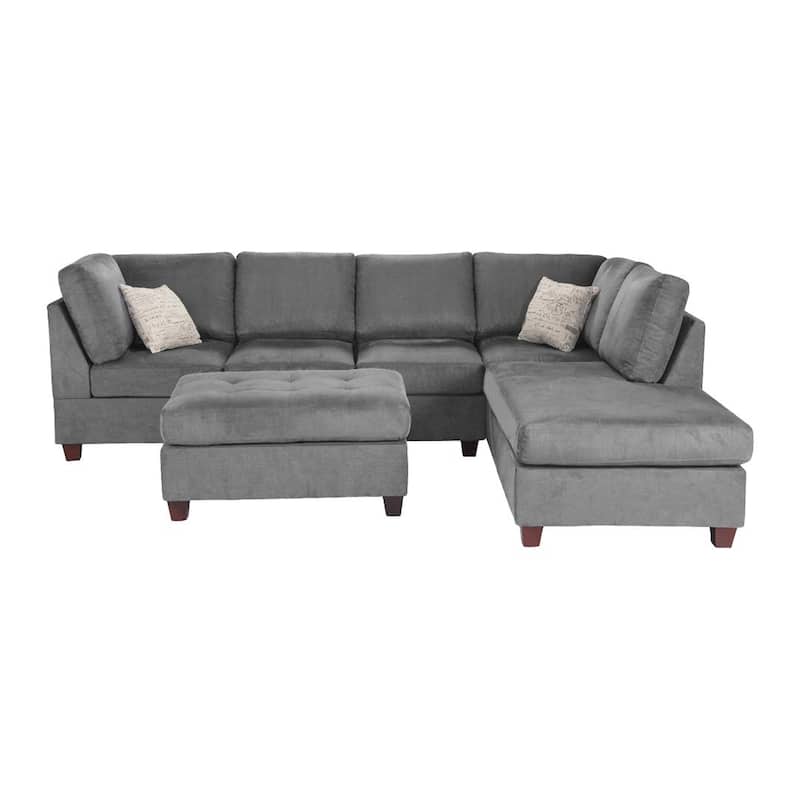 Somy 3pc Reversible L Sectional Sofa Set w Ottoman, Ebony Black Fabric
