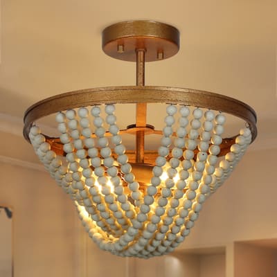 Coasa Mid-Century Modern Gold 2-light Semi-flush Mount Lights Wooden Beads Chandelier for Dining room - D14'' x H14''