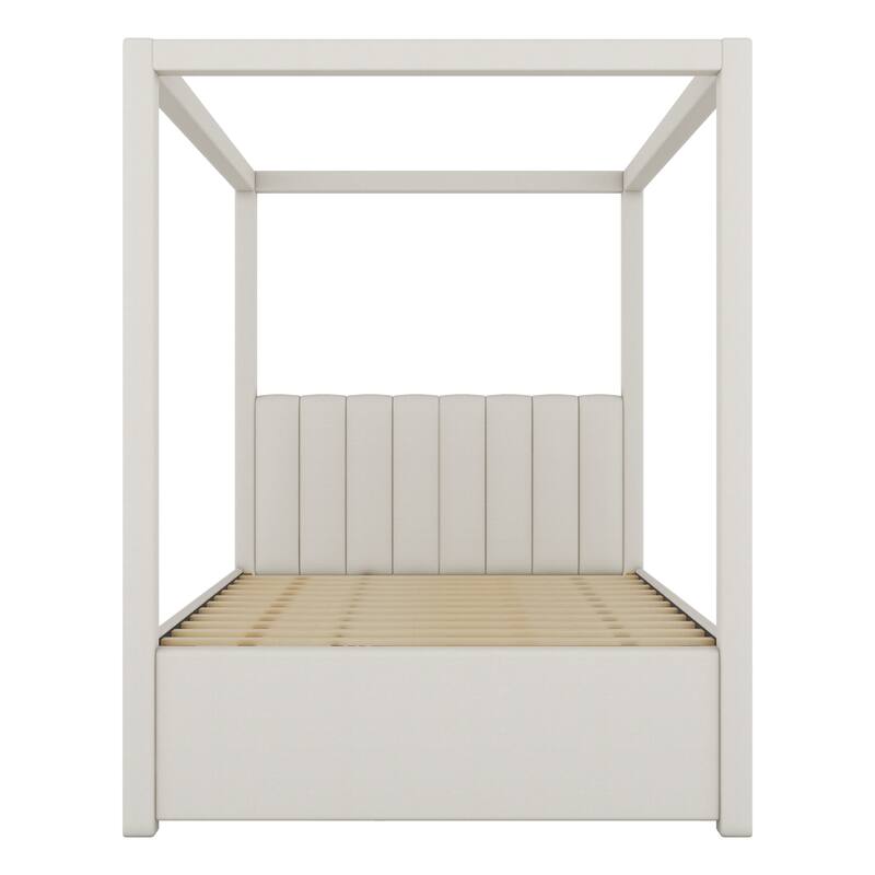 Full Size Upholstered Canopy Platform Bed with Trundle and Storage Drawers in Beige